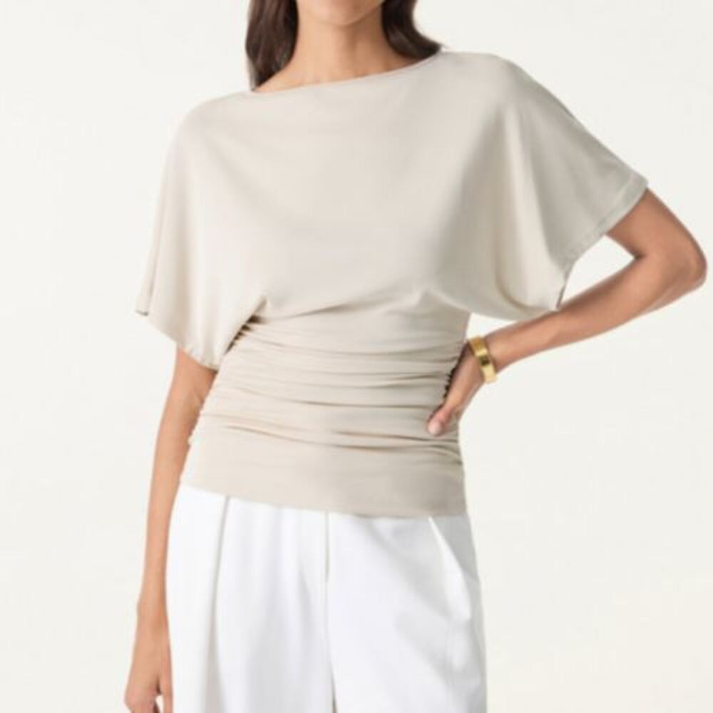 OGL Sandwashed Boatneck Batwing Sleeve Stretchy Side Ruched Top Size Medium